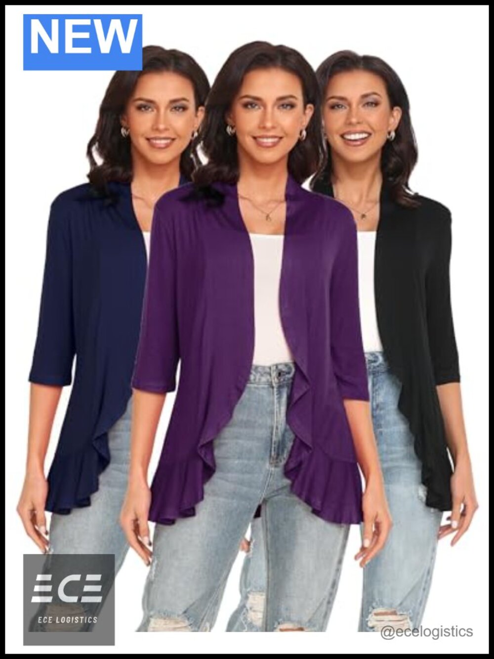 Women's Lightweight Open Front Cardigan 3/4 Sleeve Loose Fit Everyday Layer